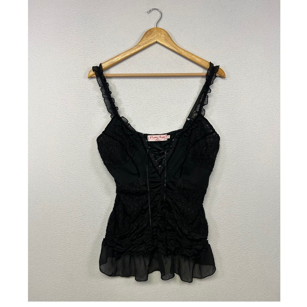 Gothic Victorian Pretty Angel Women Small Black Silk Blend Lace Up Ruffle Cami